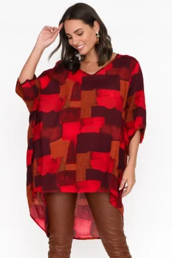 Cotton Tops<Cotton Village Abra Red Abstract Oversized Top