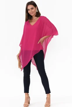 Sleeved Tops<Four Girlz Adaline Hot Pink Asymmetric Draped Top