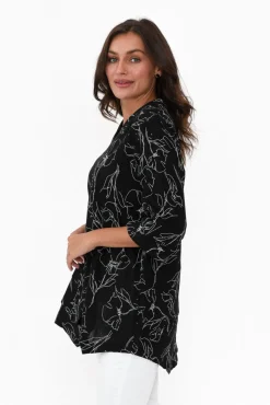 Linen Tops<Ruby Rain Adara Black Flower Linen Cotton Top