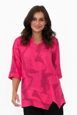 Linen Tops<Ruby Rain Adara Pink Abstract Linen Cotton Top