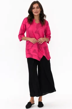 Linen Tops<Ruby Rain Adara Pink Abstract Linen Cotton Top