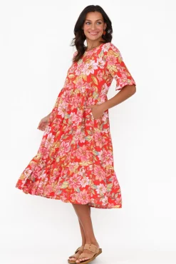 Midi Dresses<New U Collection Addison Red Bloom Tier Dress