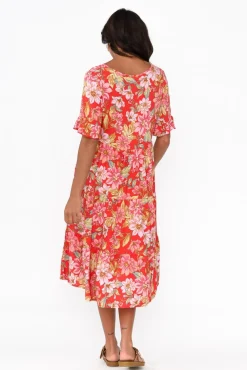 Midi Dresses<New U Collection Addison Red Bloom Tier Dress