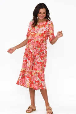 Midi Dresses<New U Collection Addison Red Bloom Tier Dress