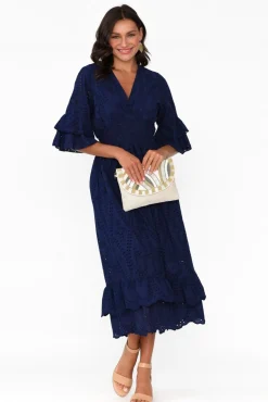 Cotton Dresses<La Strada Adia Navy Embroidered Cotton Frill Dress