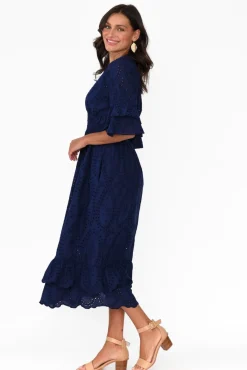 Cotton Dresses<La Strada Adia Navy Embroidered Cotton Frill Dress