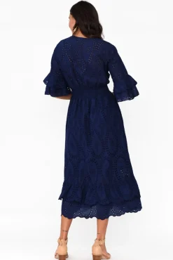 Cotton Dresses<La Strada Adia Navy Embroidered Cotton Frill Dress