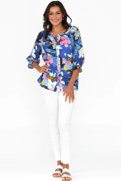 Cotton Tops<Liberty Rose Adria Cobalt Floral Linen Cotton Top
