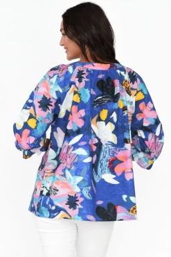 Cotton Tops<Liberty Rose Adria Cobalt Floral Linen Cotton Top