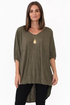 Cotton Tops<Cotton Village Agnes Khaki Crinkle Cotton Hi Lo Top