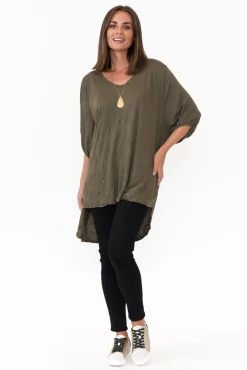 Cotton Tops<Cotton Village Agnes Khaki Crinkle Cotton Hi Lo Top