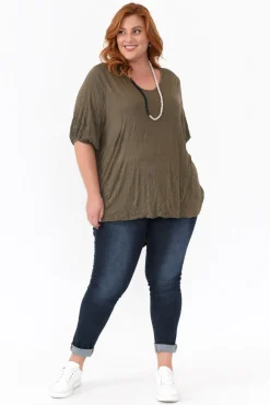 Cotton Tops<Cotton Village Agnes Khaki Crinkle Cotton Hi Lo Top