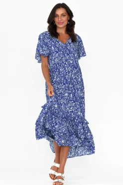 Midi Dresses<New U Collection Akira Blue Blossom Button Tier Dress