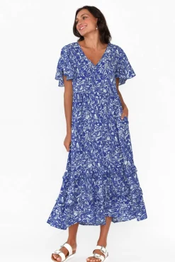 Midi Dresses<New U Collection Akira Blue Blossom Button Tier Dress