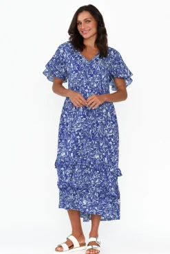 Midi Dresses<New U Collection Akira Blue Blossom Button Tier Dress