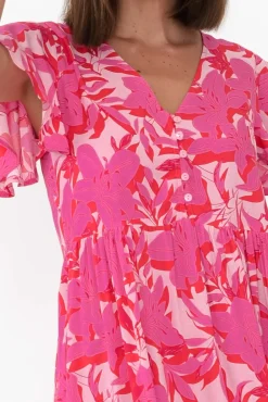 Midi Dresses<New U Collection Akira Pink Tropical Button Tier Dress