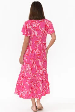 Midi Dresses<New U Collection Akira Pink Tropical Button Tier Dress