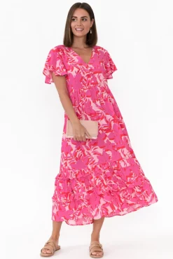 Midi Dresses<New U Collection Akira Pink Tropical Button Tier Dress