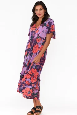 Midi Dresses<New U Collection Akira Purple Flower Button Tier Dress