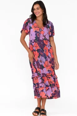 Midi Dresses<New U Collection Akira Purple Flower Button Tier Dress