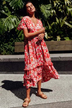 Midi Dresses<New U Collection Akira Red Bloom Button Tier Dress