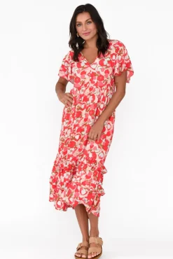 Midi Dresses<New U Collection Akira Red Bloom Button Tier Dress