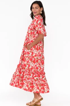 Midi Dresses<New U Collection Akira Red Bloom Button Tier Dress