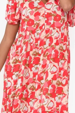 Midi Dresses<New U Collection Akira Red Bloom Button Tier Dress