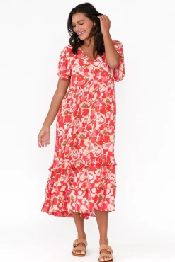 Midi Dresses<New U Collection Akira Red Bloom Button Tier Dress