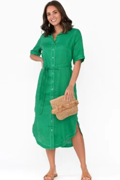 Linen Dresses<Label of Love Alaska Green Linen Shirt Dress