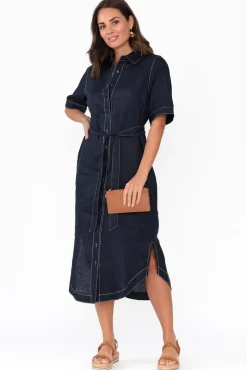 Linen Dresses<Label of Love Alaska Navy Linen Shirt Dress