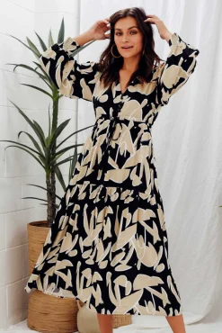 Midi Dresses<Silver Wishes Alba Black Abstract Button Tie Dress