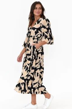 Midi Dresses<Silver Wishes Alba Black Abstract Button Tie Dress