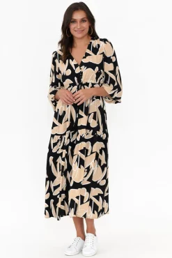 Midi Dresses<Silver Wishes Alba Black Abstract Button Tie Dress