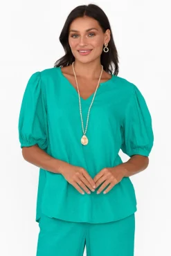 Linen Tops<Betty Basics Alba Teal Linen Blend Blouse Top