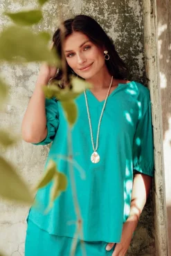 Linen Tops<Betty Basics Alba Teal Linen Blend Blouse Top