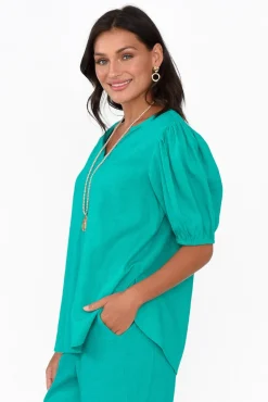 Linen Tops<Betty Basics Alba Teal Linen Blend Blouse Top