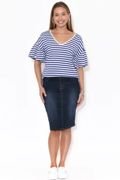 Cotton Tops<Betty Basics Alessia Blue Stripe Cotton Frill Top