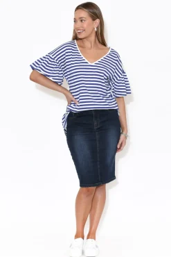 Cotton Tops<Betty Basics Alessia Blue Stripe Cotton Frill Top