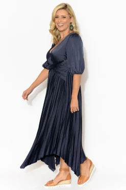 Midi Dresses<YH and CO Allison Navy Pleated Midi Dress