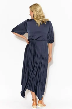 Midi Dresses<YH and CO Allison Navy Pleated Midi Dress