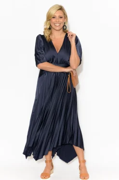 Midi Dresses<YH and CO Allison Navy Pleated Midi Dress