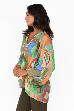 Sleeved Tops<Italian Star Althea Khaki Blossom V Neck Top