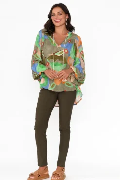 Sleeved Tops<Italian Star Althea Khaki Blossom V Neck Top