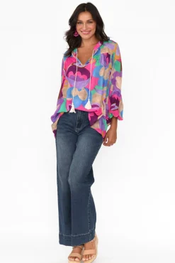 Sleeved Tops<Italian Star Althea Pink Abstract V Neck Top