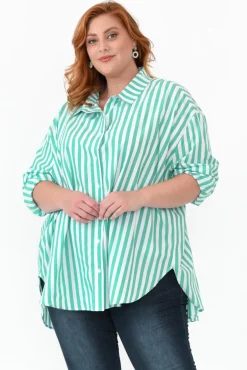 Shirts<PQ Amore Green Stripe Cotton Poplin Shirt