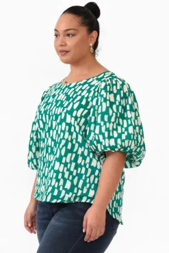 Sleeved Tops<New U Collection Amsterdam Green Fleck Puff Sleeve Top