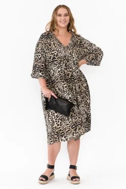 Midi Dresses<Red Lotus Andi Beige Leopard Midi Dress