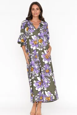 Linen Dresses<Elm Antelle Khaki Blossom Linen Blend Dress