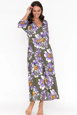 Linen Dresses<Elm Antelle Khaki Blossom Linen Blend Dress